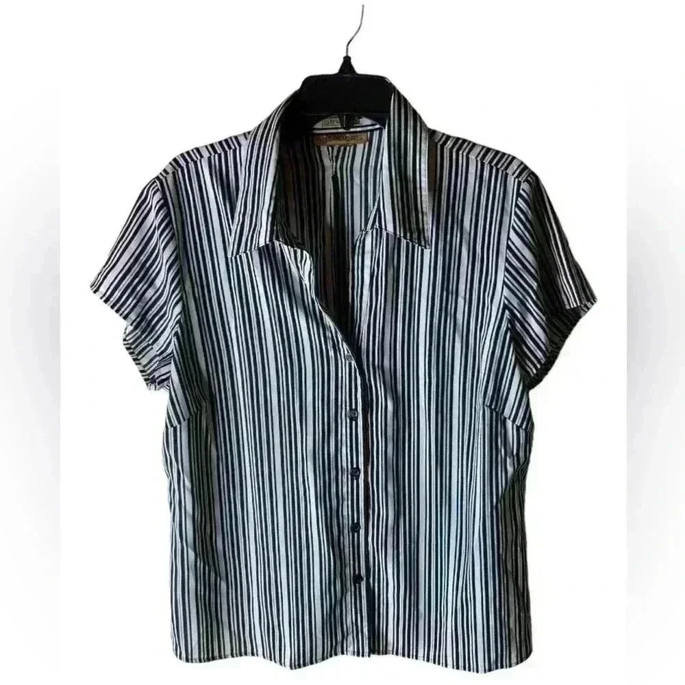 Notations Shirt Women's Large Striped Button Front Short Sleeves Stretch Top